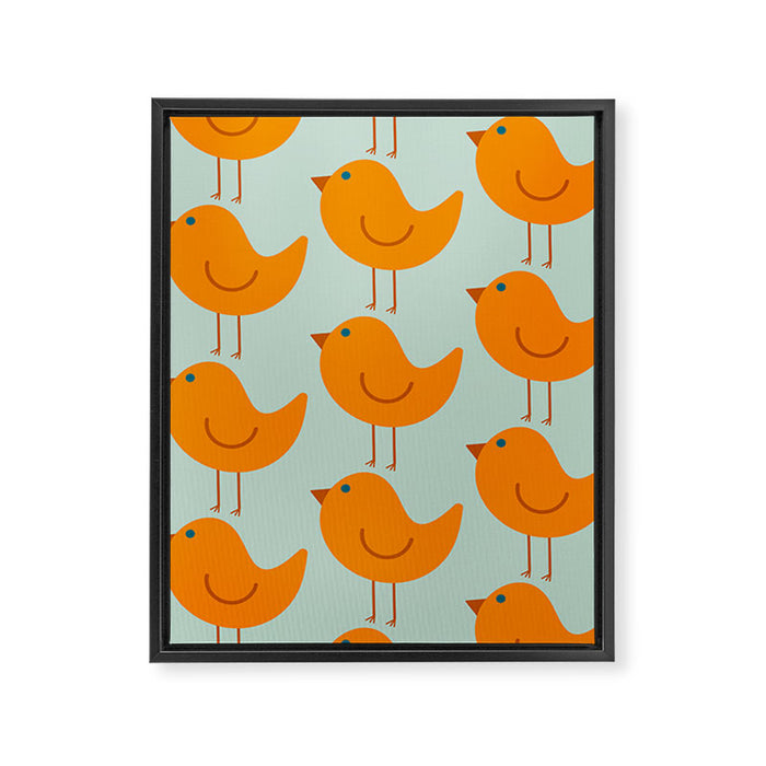 Birdies - Cute Bird Pattern in Orange, Rust, and Light Aqua Framed Canvas Print Gallery Image 1
