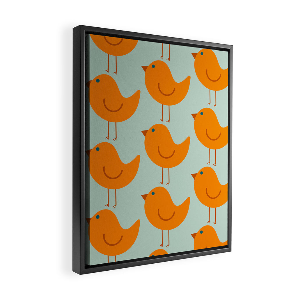 Birdies - Cute Bird Pattern in Orange, Rust, and Light Aqua Framed Canvas Print Gallery Image 2