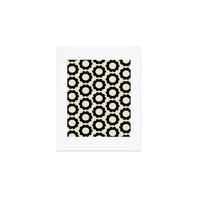 Black and Cream Happy Flowers Minimal Retro Floral Pattern Art Print Gallery Image 1