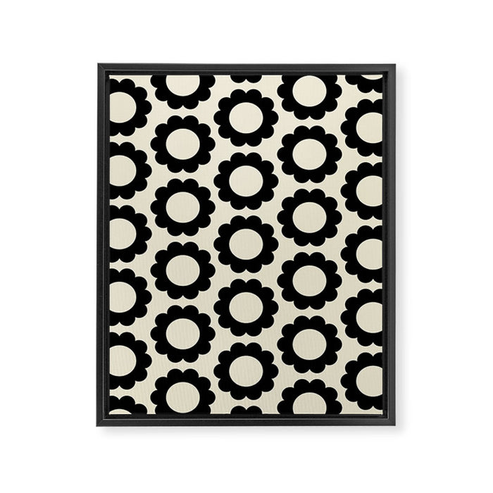 Black and Cream Happy Flowers Minimal Retro Floral Pattern Framed Canvas Print Gallery Image 1