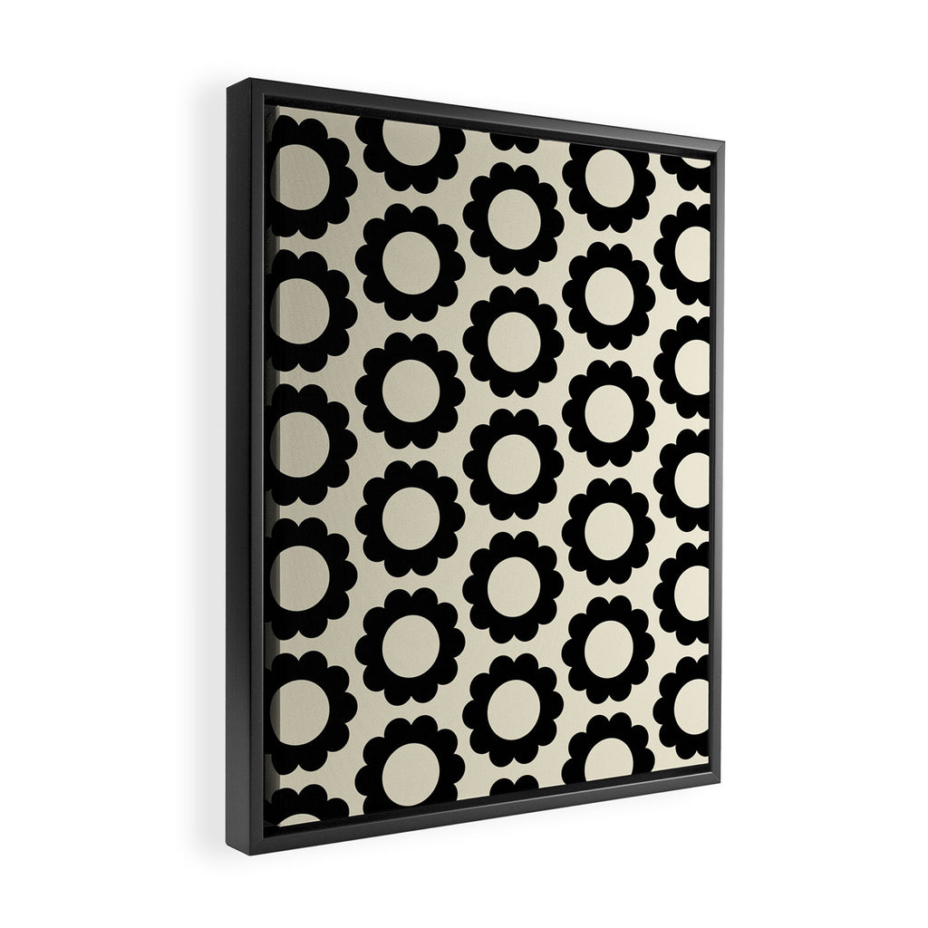 Black and Cream Happy Flowers Minimal Retro Floral Pattern Framed Canvas Print Gallery Image 2