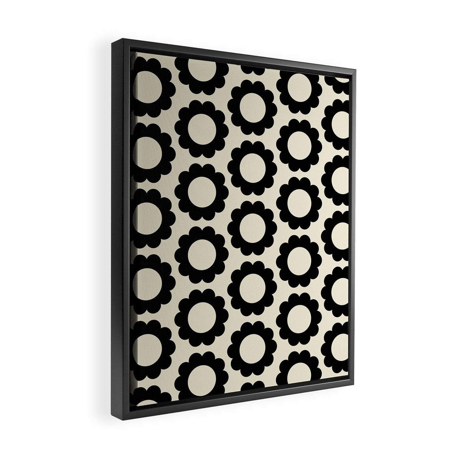 Black and Cream Happy Flowers Minimal Retro Floral Pattern Framed Canvas Print Gallery Image 2