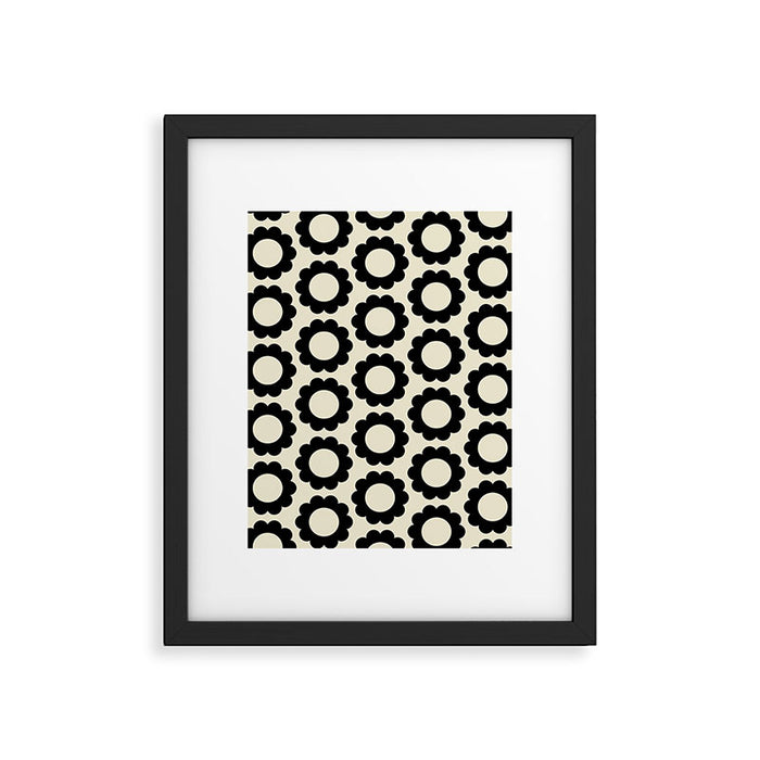 Black and Cream Happy Flowers Minimal Retro Floral Pattern Framed Art Print Gallery Image 1
