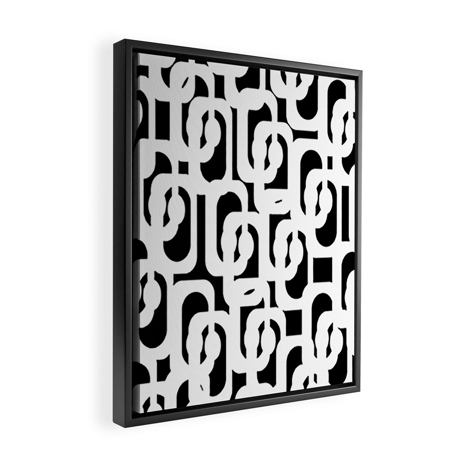 Black and White Mid-Century Modern Loop Pattern Framed Canvas Print Gallery Image 2