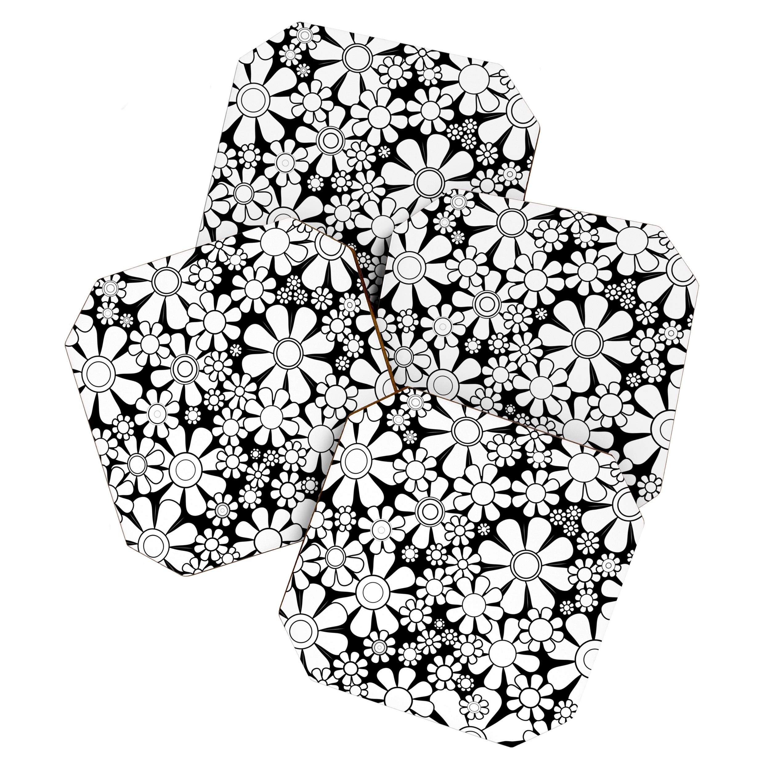 Black and White Retro Garden 60s 70s Flower Pattern Coaster Gallery Image 1