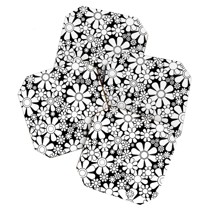 Black and White Retro Garden 60s 70s Flower Pattern Coaster Gallery Image 1