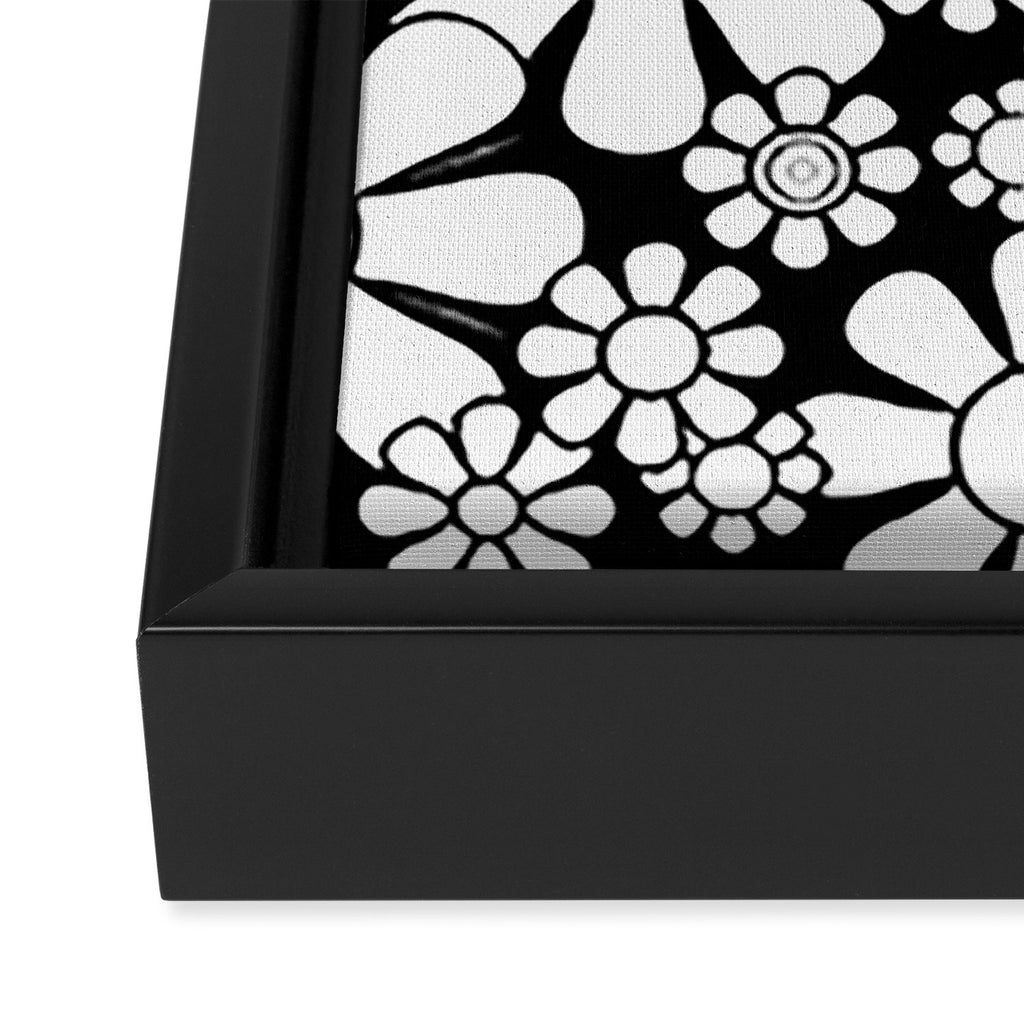 Black and White Retro Garden 60s 70s Flower Pattern Framed Canvas Print Gallery Image 3