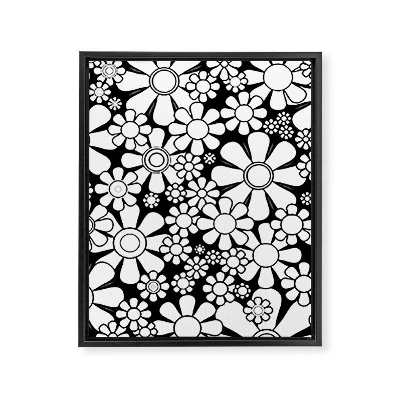 Black and White Retro Garden 60s 70s Flower Pattern Framed Canvas Print Gallery Image 8