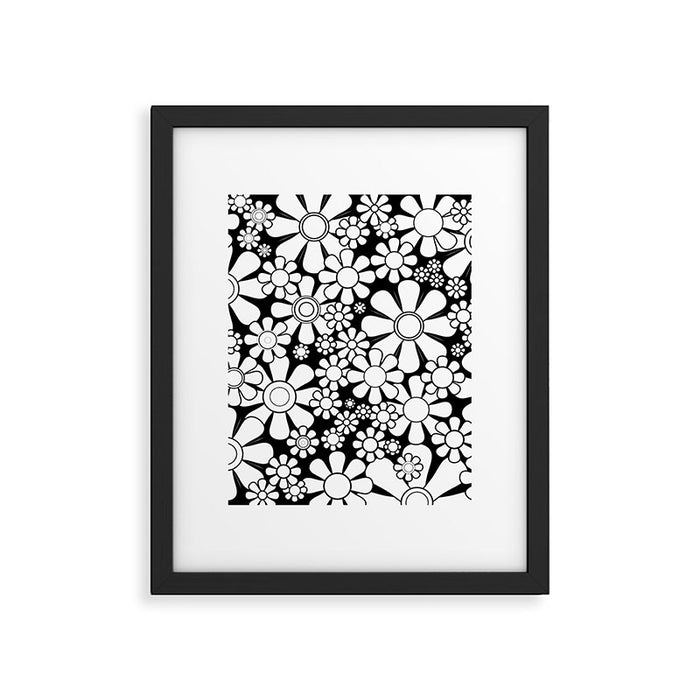 Black and White Retro Garden 60s 70s Flower Pattern Framed Art Print Gallery Image 1