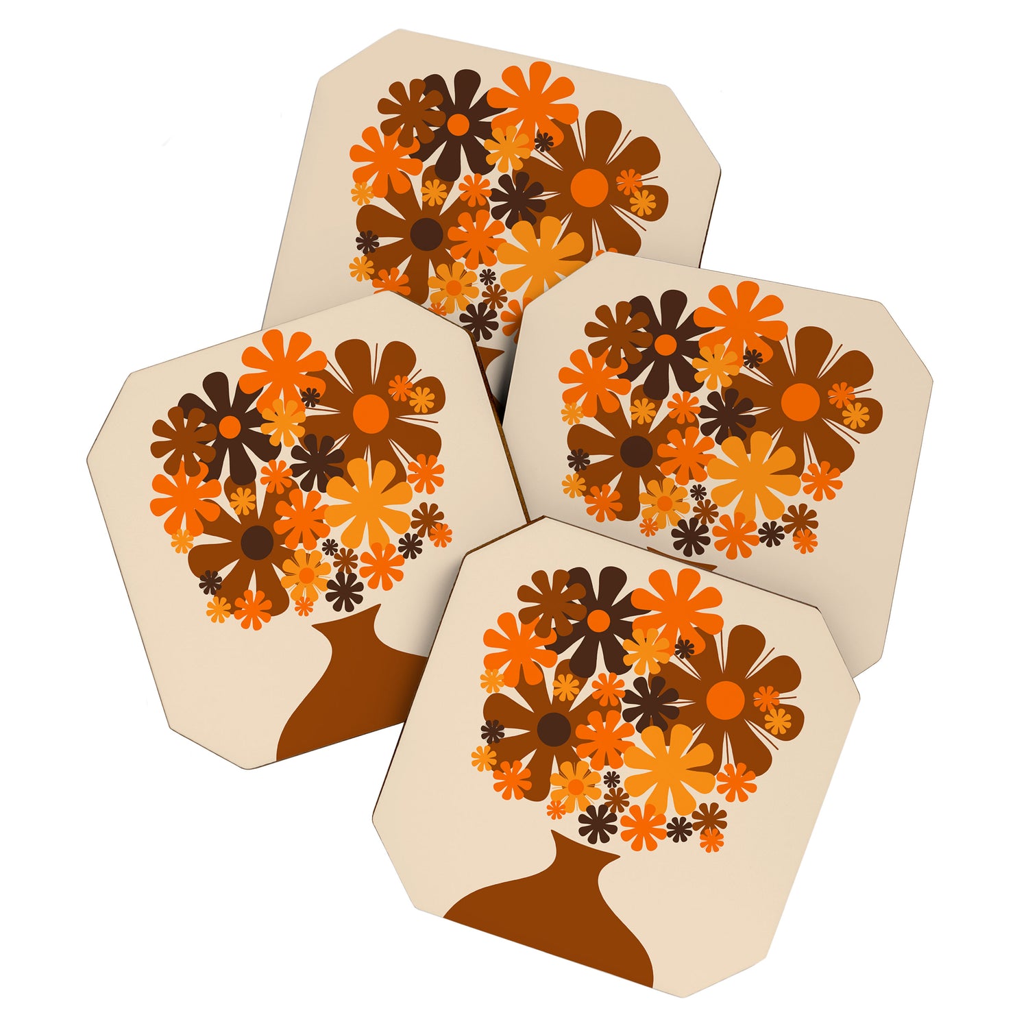 Bloom Retro 70s Brown and Orange Flowers in Vase Coaster Gallery Image 1