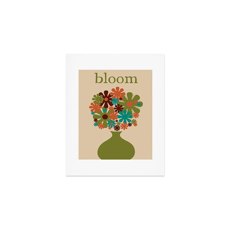 Bloom Retro Flowers in Vase 70s Avocado Green Art Print Gallery Image 1