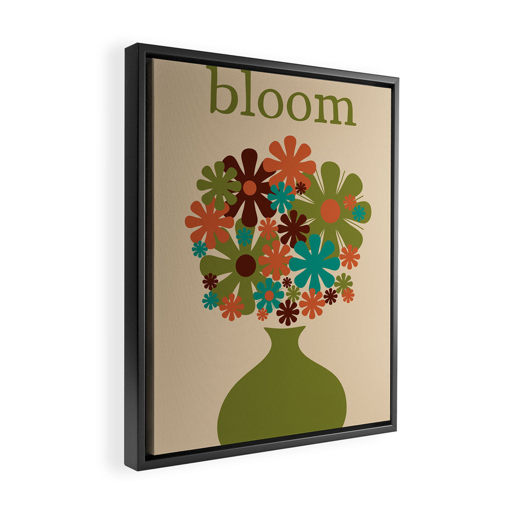 Bloom Retro Flowers in Vase 70s Avocado Green Framed Canvas Print Gallery Image 2