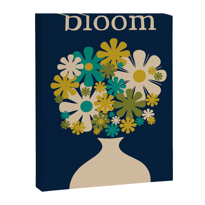 Bloom Retro Flowers in Vase on Blue Canvas Print Gallery Image 1