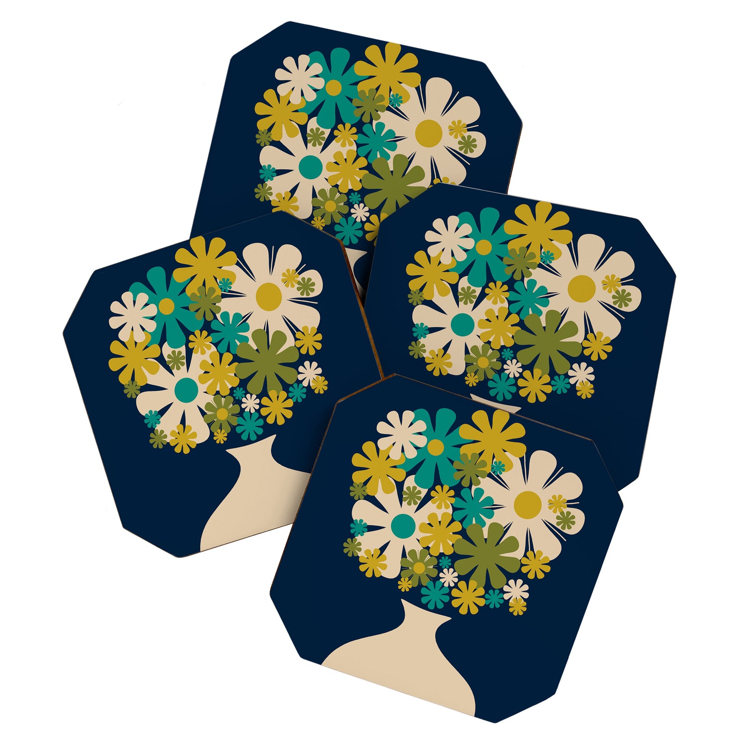 Bloom Retro Flowers in Vase on Blue Coaster Gallery Image 1