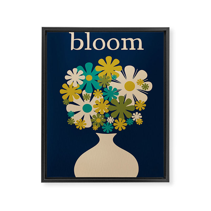 Bloom Retro Flowers in Vase on Blue Framed Canvas Print Gallery Image 1