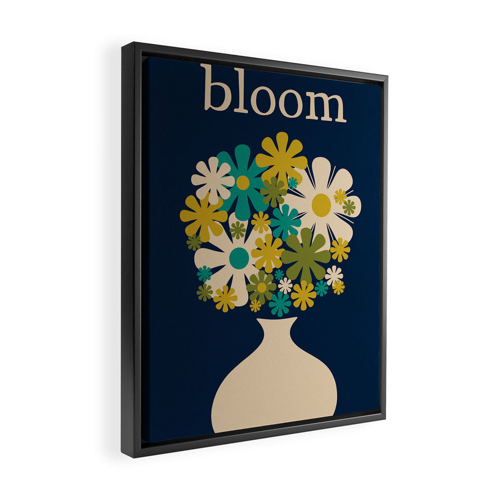 Bloom Retro Flowers in Vase on Blue Framed Canvas Print Gallery Image 2