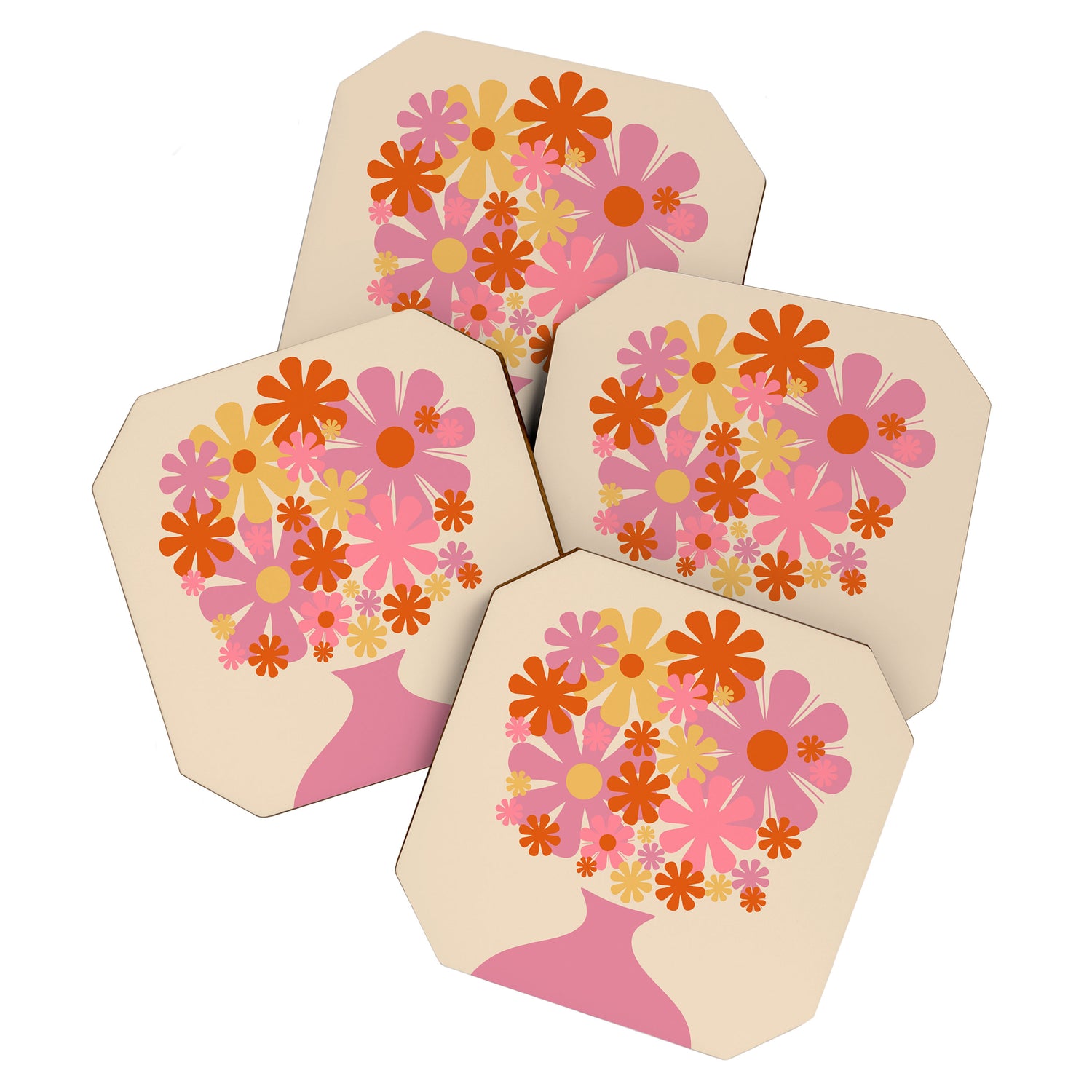 Bloom Retro Flowers in Vase Pink Orange Yellow Coaster Gallery Image 1
