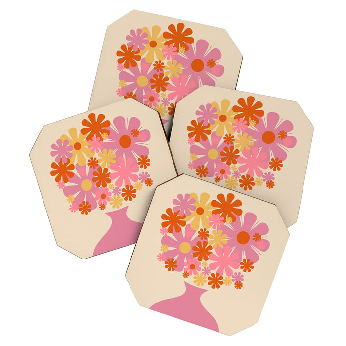 Bloom Retro Flowers in Vase Pink Orange Yellow Coaster Gallery Image 1