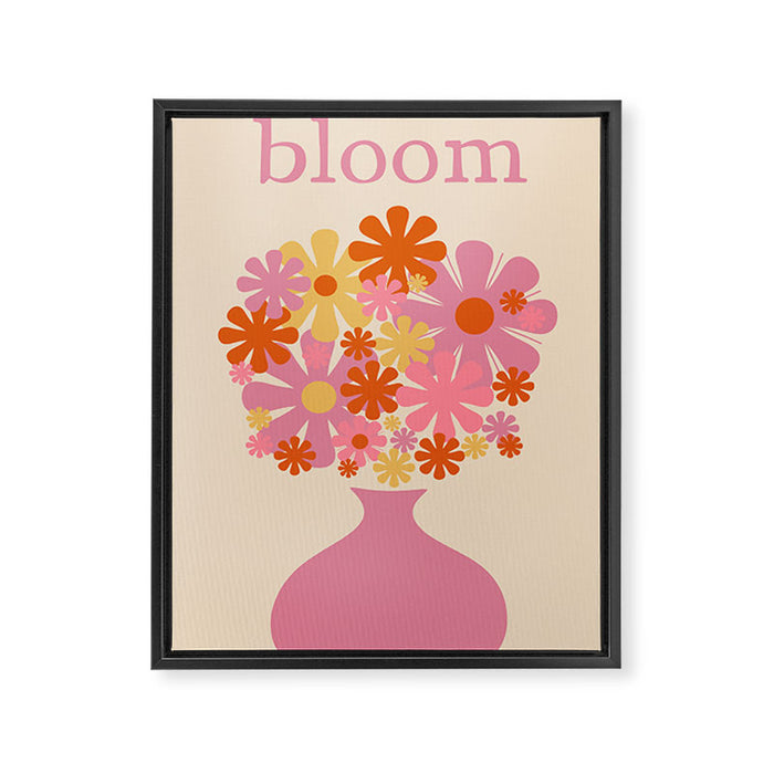 Bloom Retro Flowers in Vase Pink Orange Yellow Framed Canvas Print Gallery Image 1