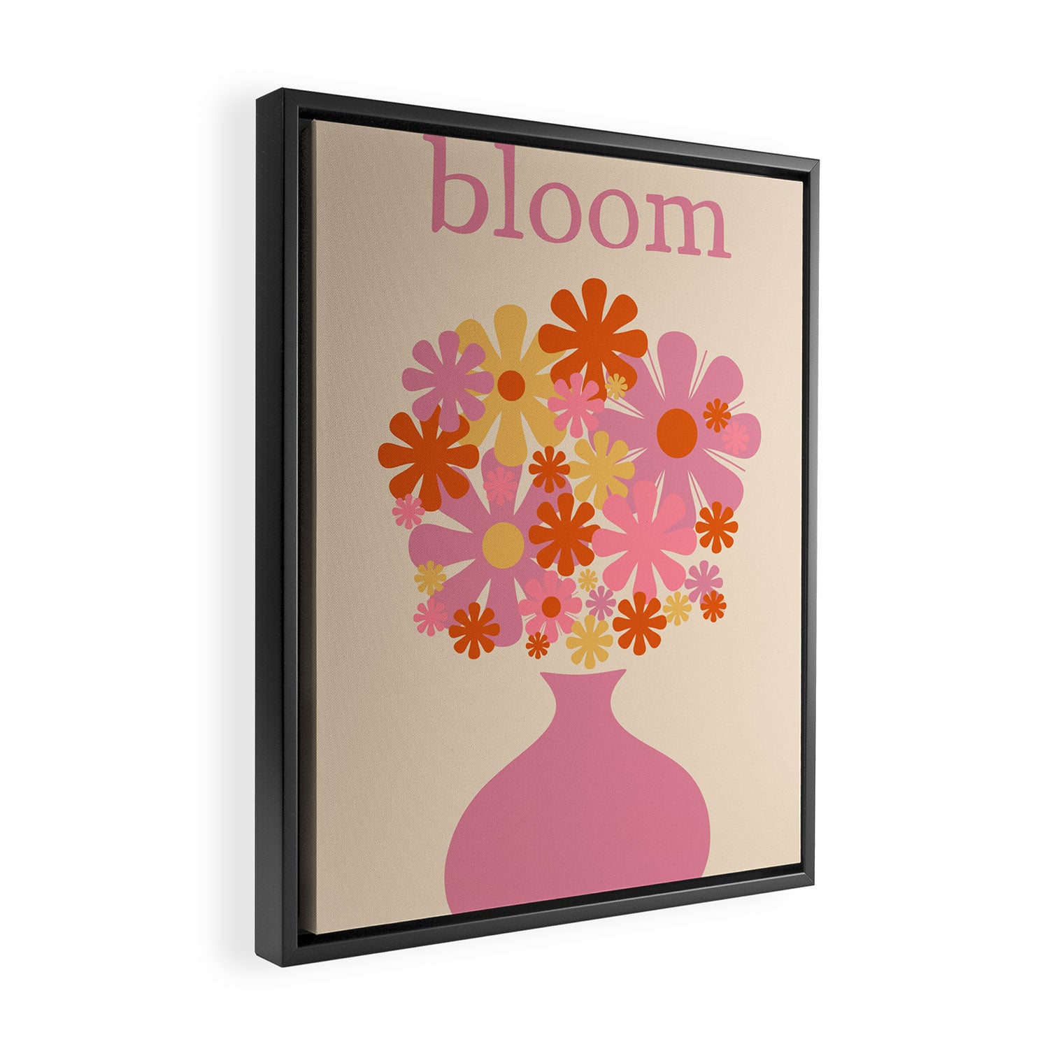 Bloom Retro Flowers in Vase Pink Orange Yellow Framed Canvas Print Gallery Image 2