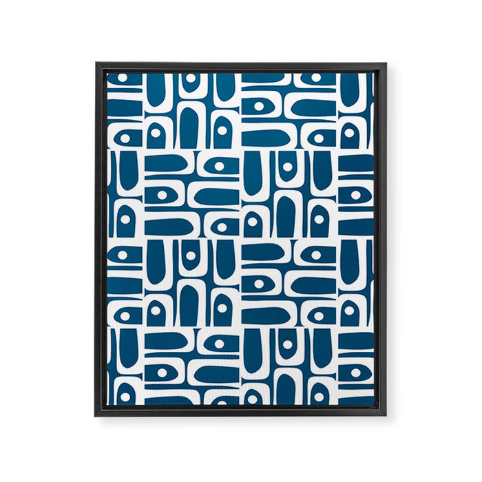 Blue and White Mid Century Modern Piquet Abstract Multi Geometric Pattern Framed Canvas Print Gallery Image 1