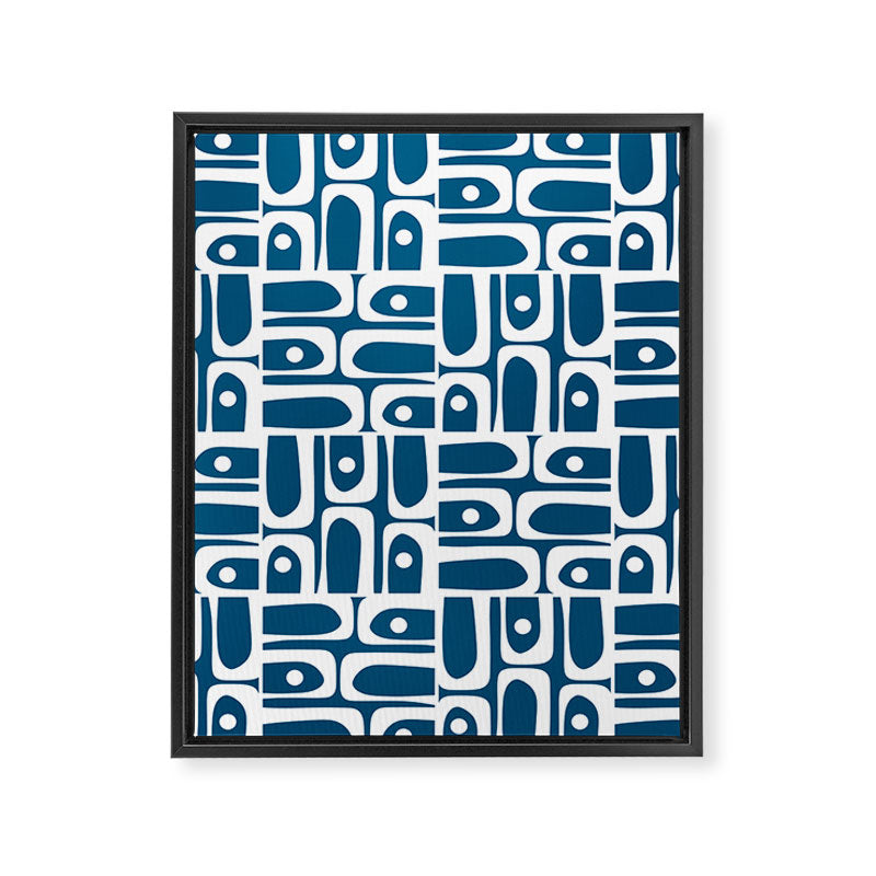 Blue and White Mid Century Modern Piquet Abstract Multi Geometric Pattern Framed Canvas Print Gallery Image 8