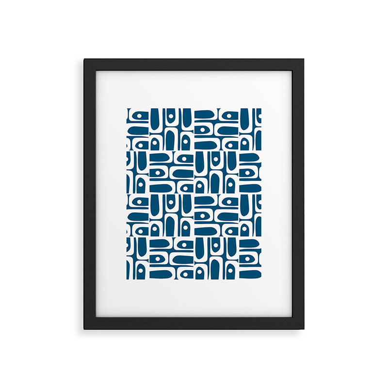 Blue and White Mid Century Modern Piquet Abstract Multi Geometric Pattern Framed Art Print Gallery Image 6