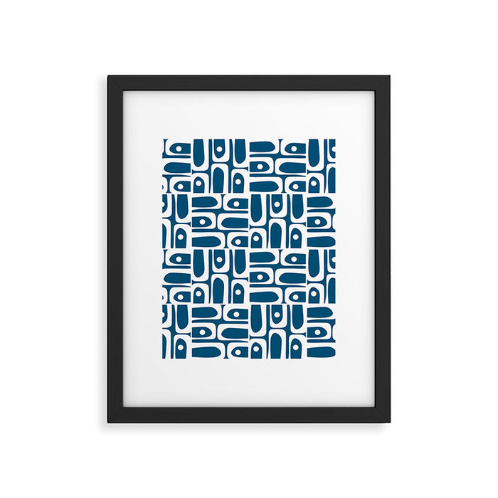 Blue and White Mid Century Modern Piquet Abstract Multi Geometric Pattern Framed Art Print Gallery Image 1