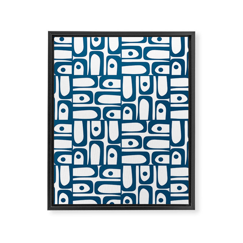 Blue and White Mid Century Modern Piquet Multi Geometric Pattern Framed Canvas Print Gallery Image 8