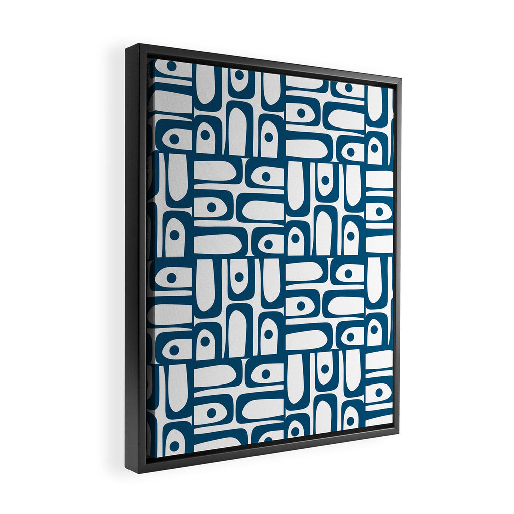Blue and White Mid Century Modern Piquet Multi Geometric Pattern Framed Canvas Print Gallery Image 2