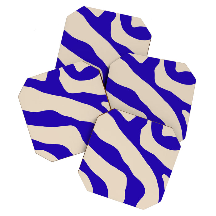 Blue Cobalt Abstract Minimalist Organic Forms Pattern with Beige Coaster Gallery Image 1