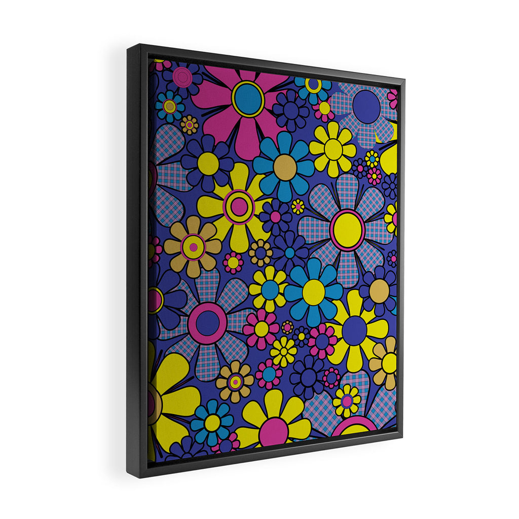 Blue Retro Garden Gingham Flowers Maximalist 60s 70s Floral Pattern Framed Canvas Print Gallery Image 2