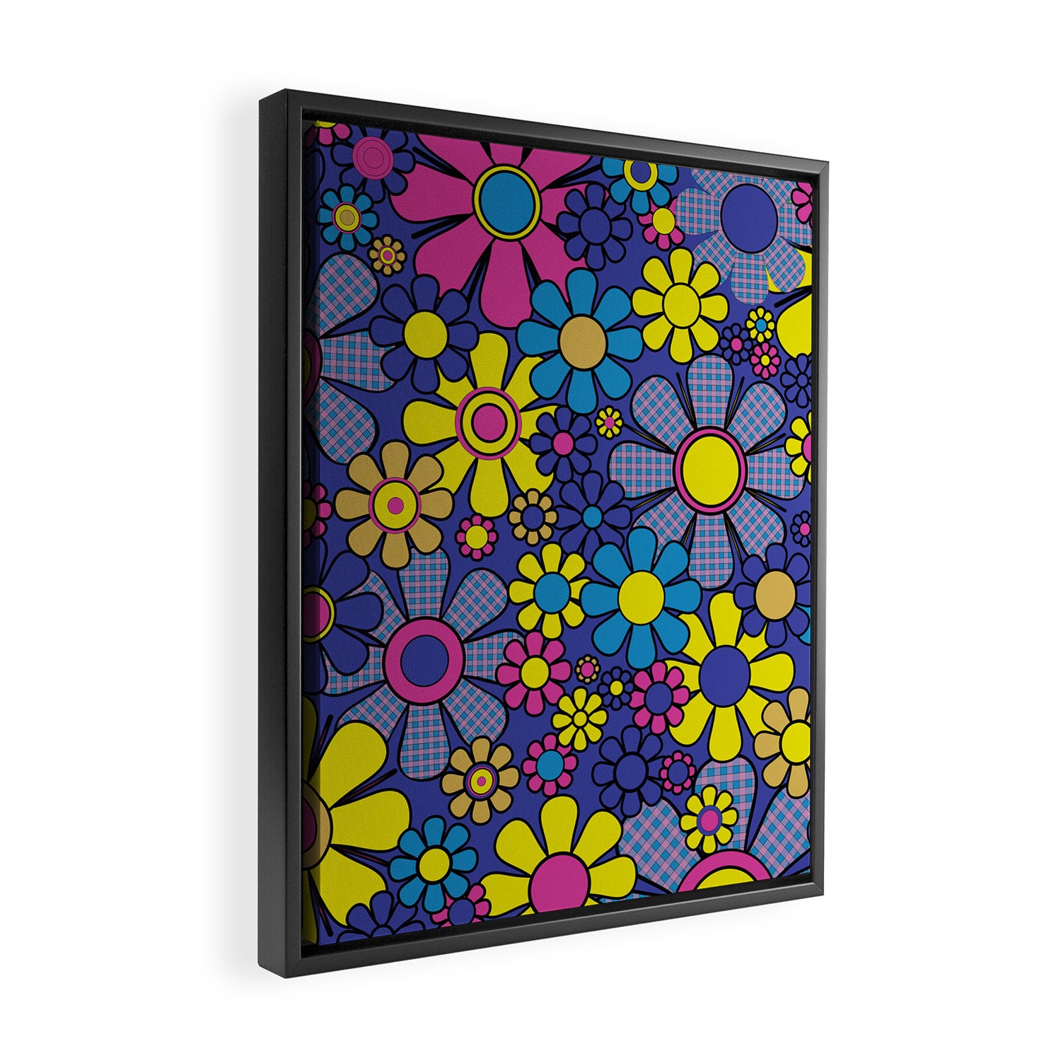Blue Retro Garden Gingham Flowers Maximalist 60s 70s Floral Pattern Framed Canvas Print Gallery Image 2