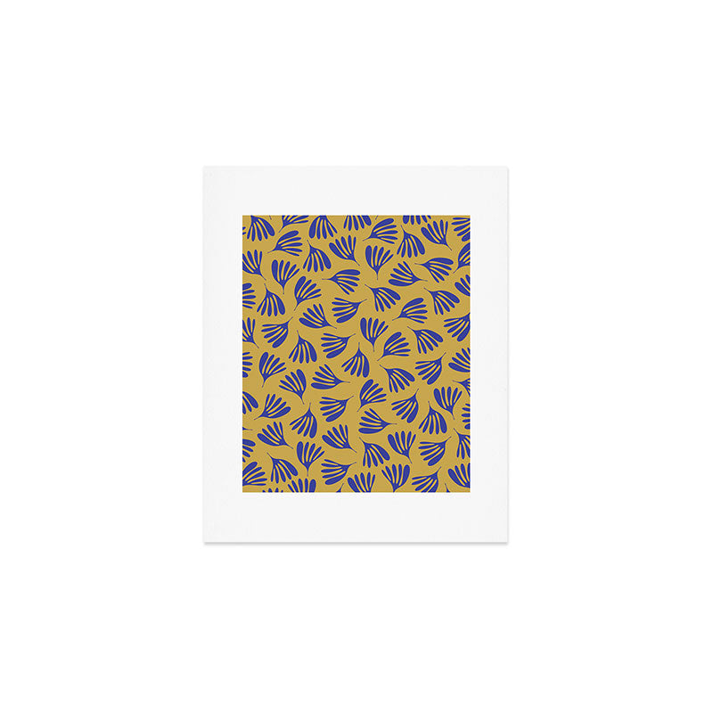 Blue Wispy Leaves Contemporary Abstract Pattern on Mustard Gold Art Print Gallery Image 1