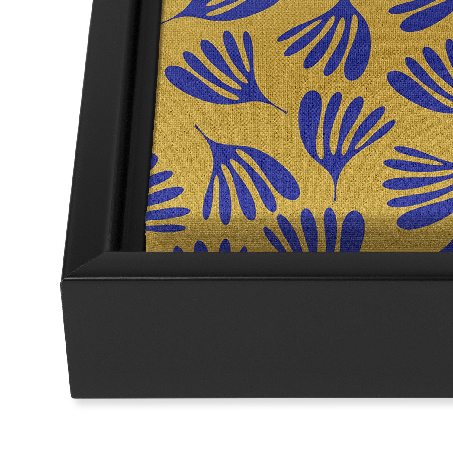 Blue Wispy Leaves Contemporary Abstract Pattern on Mustard Gold Framed Canvas Print Gallery Image 3