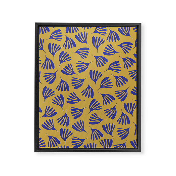 Blue Wispy Leaves Contemporary Abstract Pattern on Mustard Gold Framed Canvas Print Gallery Image 1