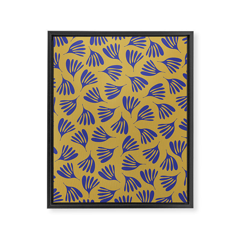 Blue Wispy Leaves Contemporary Abstract Pattern on Mustard Gold Framed Canvas Print Gallery Image 6