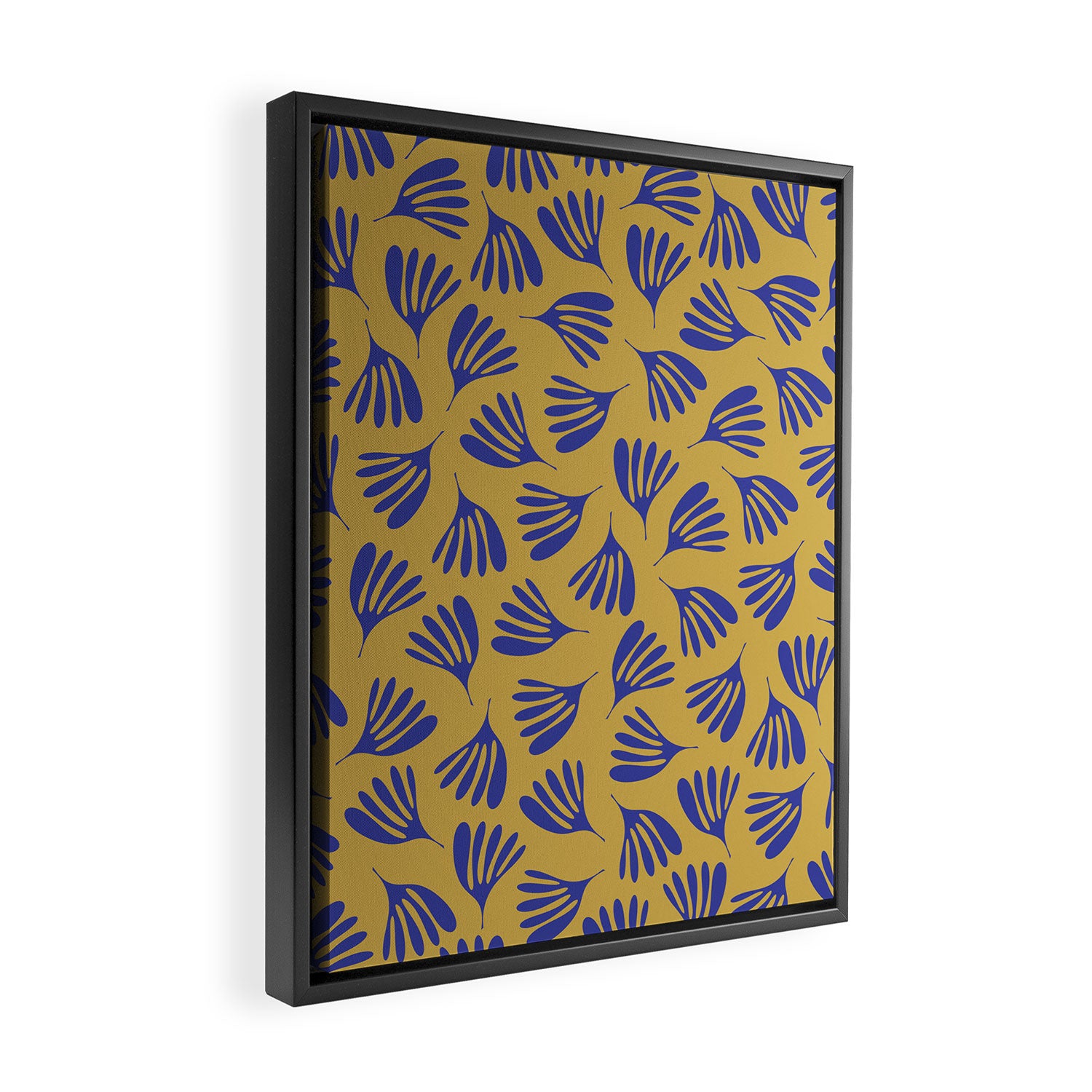 Blue Wispy Leaves Contemporary Abstract Pattern on Mustard Gold Framed Canvas Print Gallery Image 2