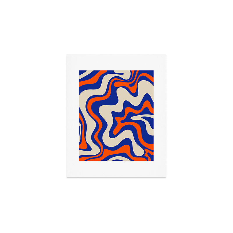 Bold and Groovy Retro Liquid Swirl Abstract Pattern Cobalt Blue and Orange Art Print Gallery Image 1