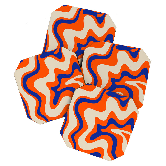 Bold and Groovy Retro Liquid Swirl Abstract Pattern Orange Cobalt Coaster Gallery Image 1
