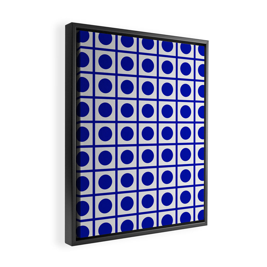 Bold Blue Dot Grid Retro Modern Pop Pattern on White Framed Canvas Print Gallery Image 2
