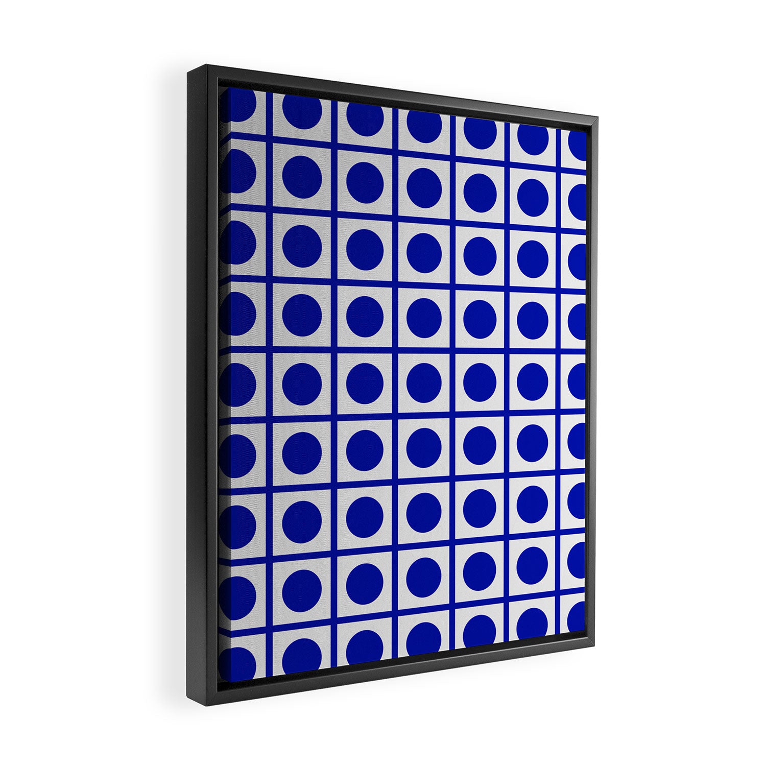 Bold Blue Dot Grid Retro Modern Pop Pattern on White Framed Canvas Print Gallery Image 2