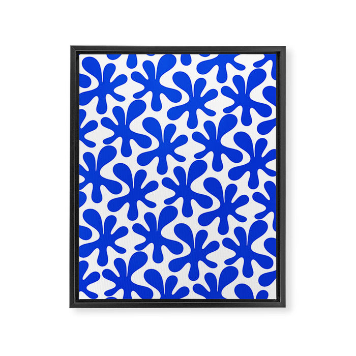 Bold Blue Funky Abstract Amoeba Dance Pattern on White Framed Canvas Print Gallery Image 1
