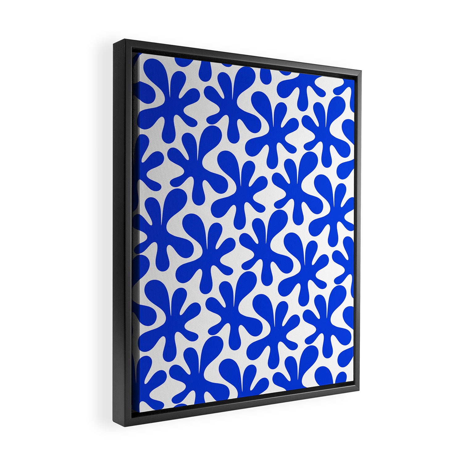 Bold Blue Funky Abstract Amoeba Dance Pattern on White Framed Canvas Print Gallery Image 2