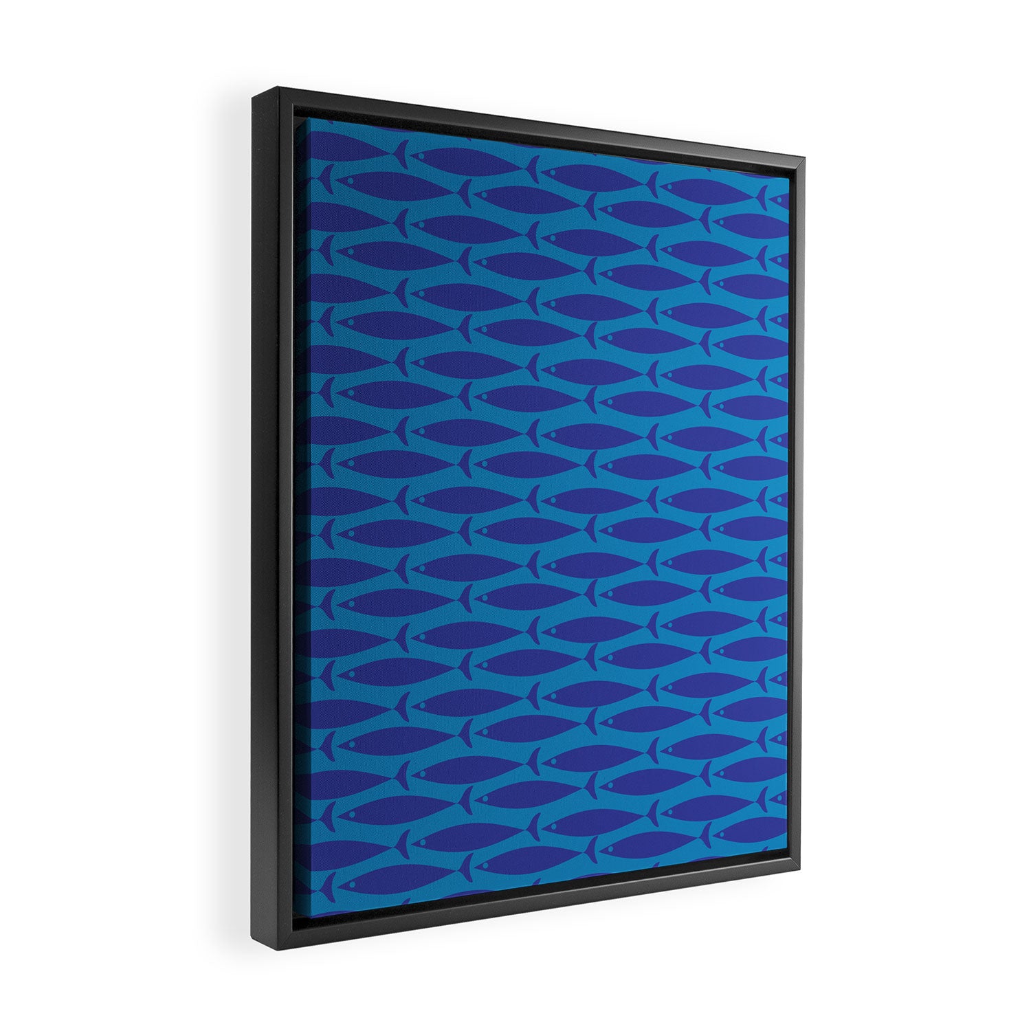 Bold Coastal Fish Mid Century Modern Minimalist Pattern in Double Blue Framed Canvas Print Gallery Image 2