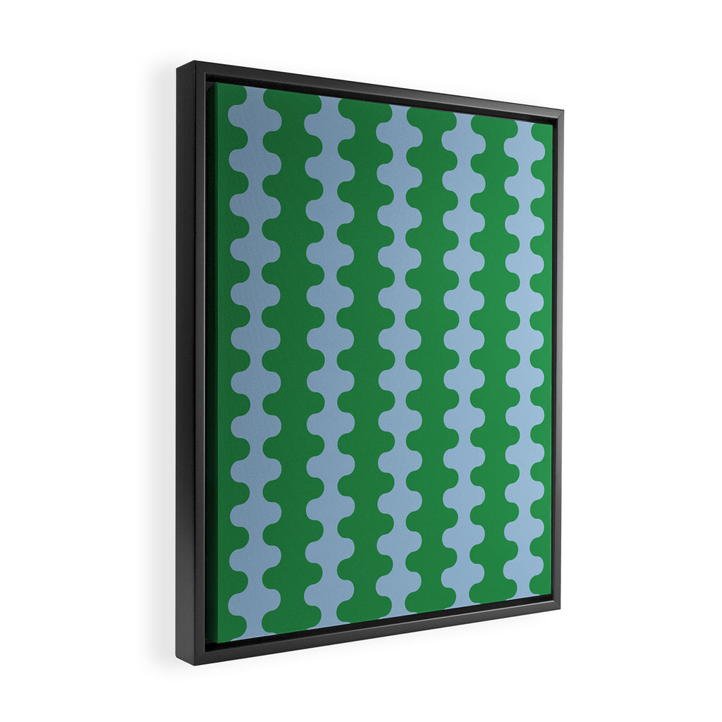 Bold Fun Ogee A-Go-Go Vertical Stripes Pattern in Kelly Green and Light Blue Framed Canvas Print Gallery Image 2