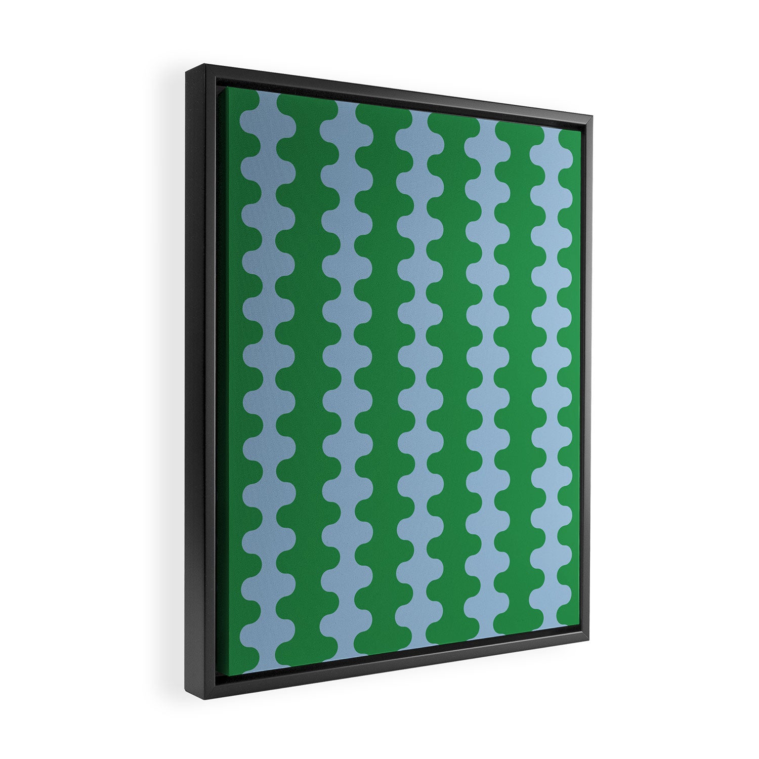 Bold Fun Ogee A-Go-Go Vertical Stripes Pattern in Kelly Green and Light Blue Framed Canvas Print Gallery Image 2