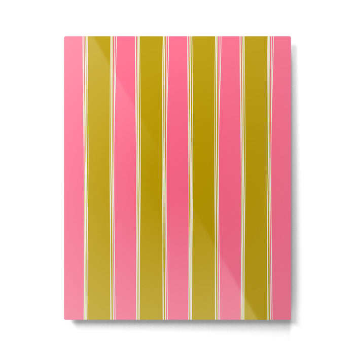 Bold Lined Stripes Vertical Pattern in Pink Chartreuse Cream Metal Print Gallery Image 1
