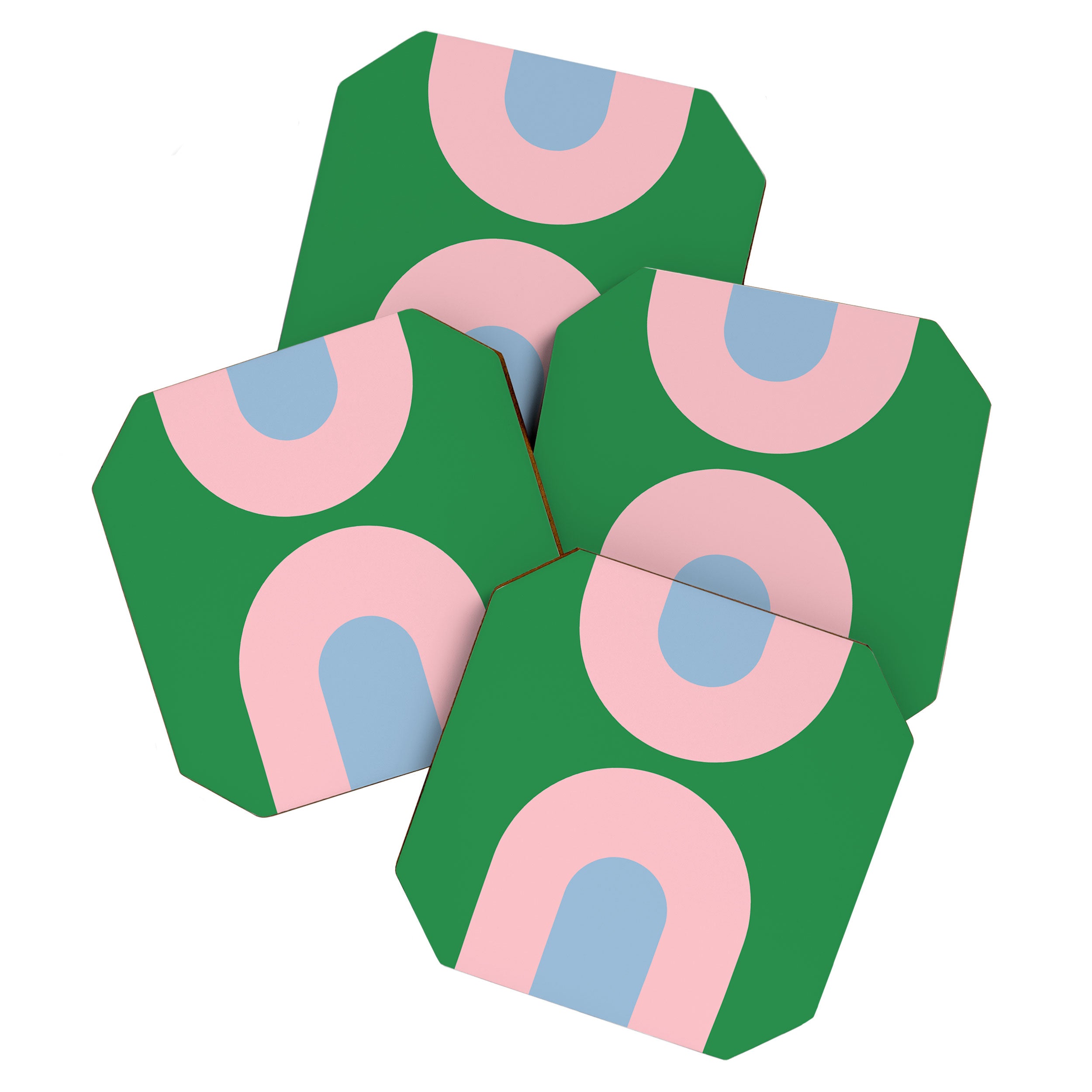 Bold Minimal Double Arch Pattern in Green, Pink, and Pastel Blue Coaster Gallery Image 1