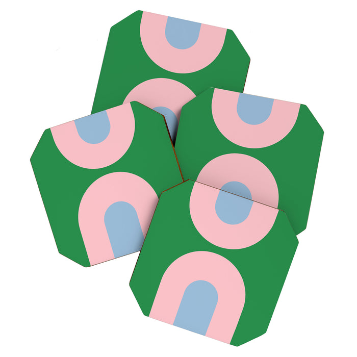 Bold Minimal Double Arch Pattern in Green, Pink, and Pastel Blue Coaster Gallery Image 1